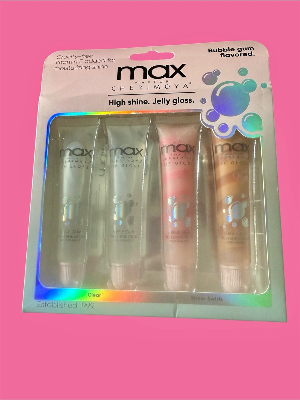 Max Makeup Cherimoya Bubble Gum Flavor High Shine Jelly Lip Gloss Set of Four